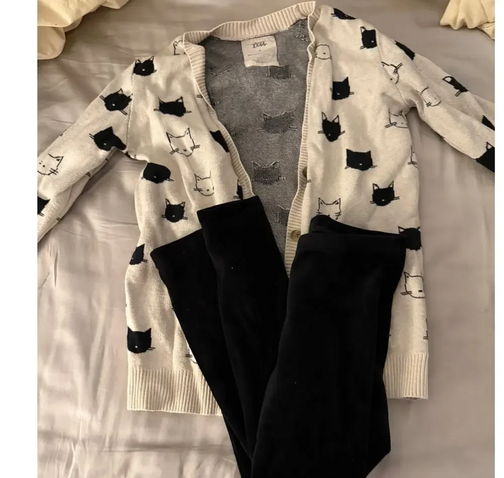 Tea collection black pants and cat cardigan outfit size 7